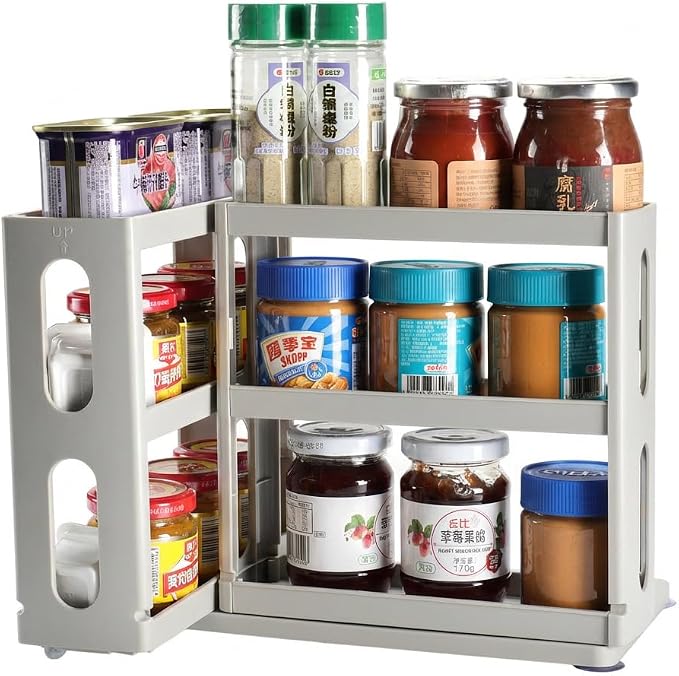 Dutiplus Spice Rack Organizer 2 tier Seasoning Holder, Pull and Rotated Storage Cabinet for Kitchen Bathroom Countertop 9”H x 5.8”W x 10.4”D (Dust Gray)