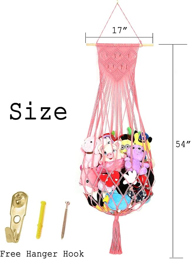 Stuffed Animal Hammock Wall Hanging Net for Stuffed Animal Net Stuffed Animal Storage Plush Toy Holder Toy Organizer for Boho Kidroom Playroom Nursery Decor (Pink)