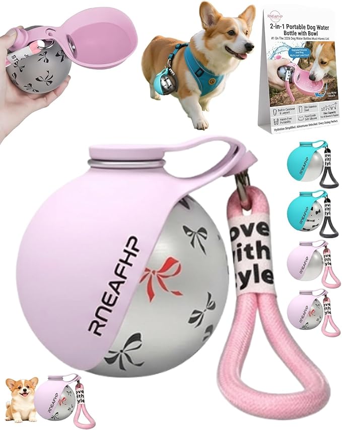 Dog Water Bottle with Bowl 2-in-1 Portable Leak Proof 10 OZ Puppy Travel Drink Dispenser for Large Medium Small Breeds Stainless Steel Hydration Tumbler Buddy Cup for Dogs Pets Outdoor(Pink B)