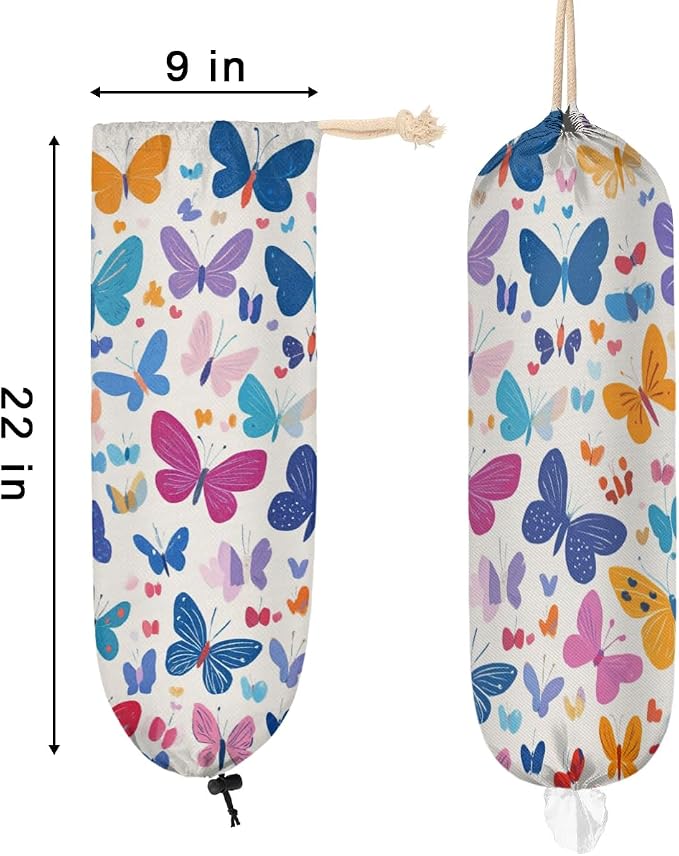 Colorful Butterfly Plastic Bag Holder Spring Butterflies Grocery Bag Storage Dispenser Washable Hanging Shopping Bags Carrier Reusable Wall Mount Trash Bag Organizer for Kitchen Pantry