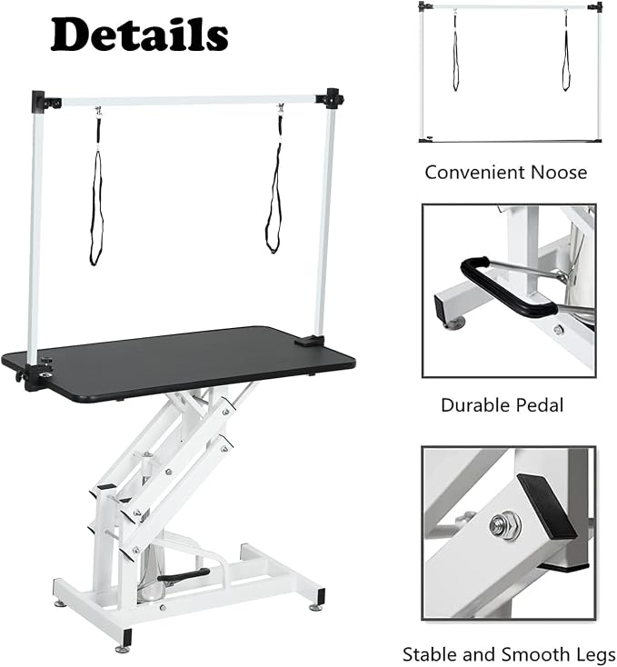 Hydraulic Dog Pet Grooming Table, 42 Inch Heavy Duty Professional Pet Grooming Station 21'' -36'' Height Adjustable for Large Dog at Home with Adjustable Overhead Arm, Clamp and Grooming Noose, Pink
