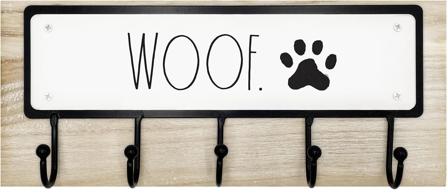 Rae Dunn Dog Leash Holder for Wall - Cute Dog Leash Hook Holder and Wall Mount Hanger Organizer for Pet Items, Keys, Collar and Leashes - Pet Themed Messages with Paw Print - Light Wood
