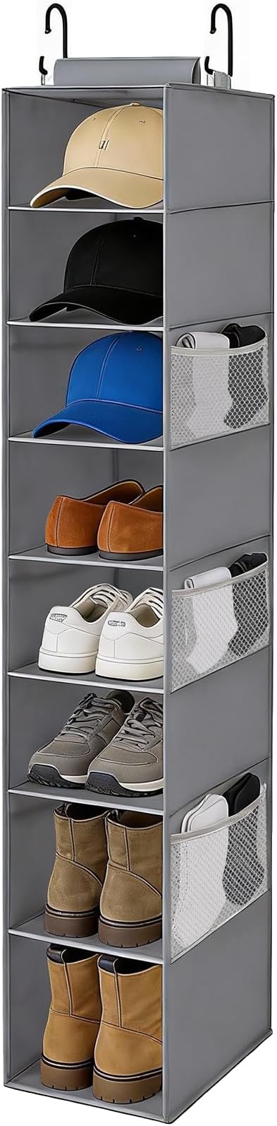 Hanging Shoe Organizer for Closet,8-Shelf Hanging Storage with Side Mesh Pockets,Wider Shelves for Baseball Caps,Clothes (9" W × 11.8" D × 54" H) Grey
