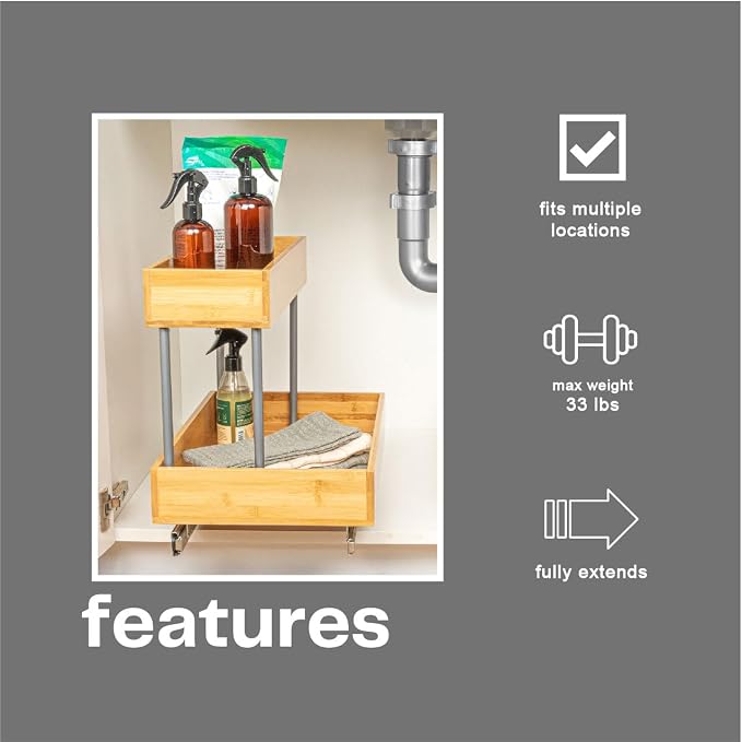 Household Essentials Glidez Steel and Bamboo Pull-Out/Slide-Out Storage Organizer for Under Sink or Cabinet Use - 2 -Tier Design - Fits Standard Size Cabinet or Shelf, Natural and Chrome