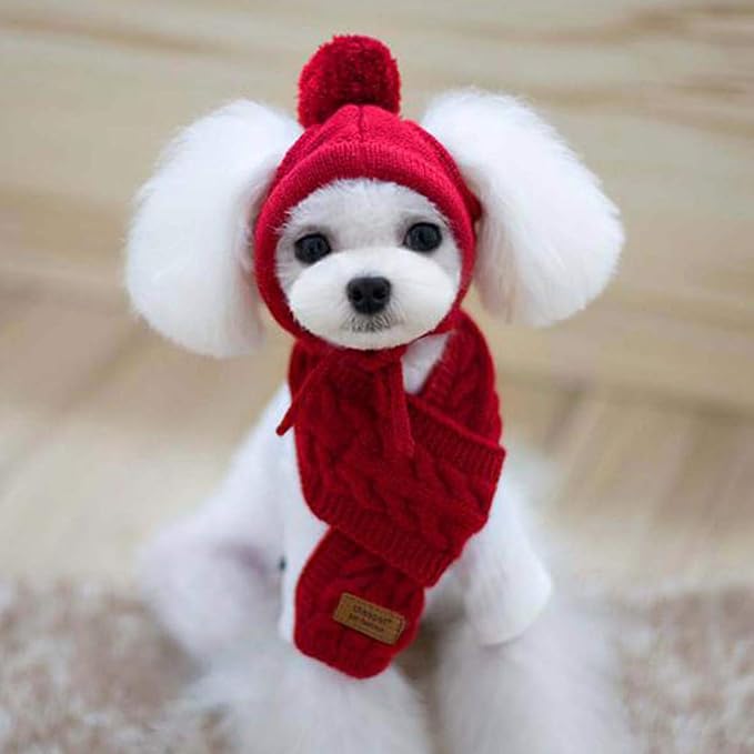 Goclothod Pet Dog Knitted Scarf and Hat Set Winter Neck Ear Warmer