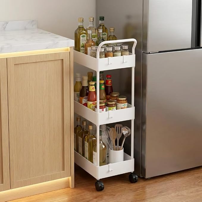 danpinera Storage Cart on Wheels, 3 Tier Slim Laundry with Wheels Bathroom Organizer with Hanging Cups Hooks Dividers Handle Mobile Rolling Art Cart for Bathroom Kitchen Narrow Places, White