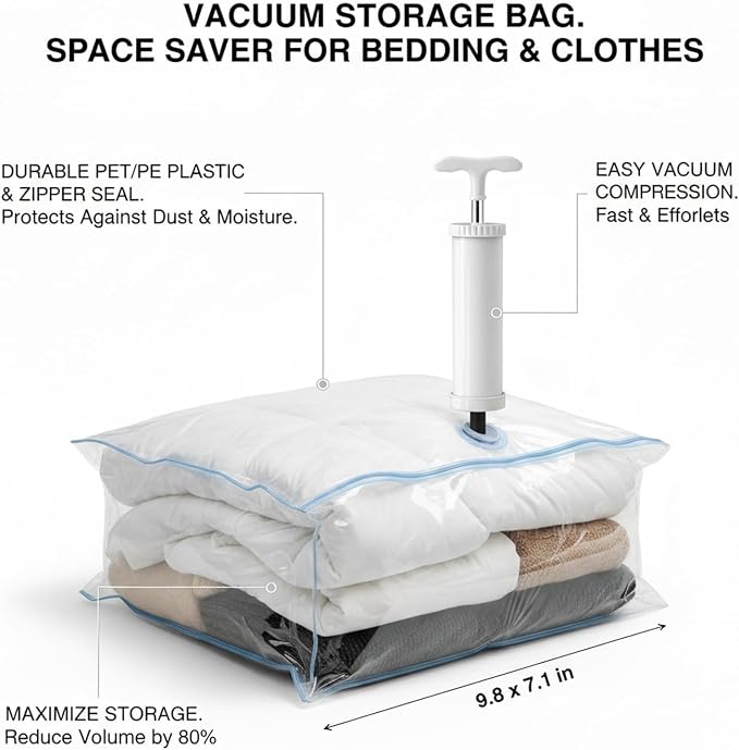Vacuum Storage Bag with Zipper Seal, Space Saver for Bedding & Clothes, Compresses to 9.8 x 7.1 in, White (1 Pack)