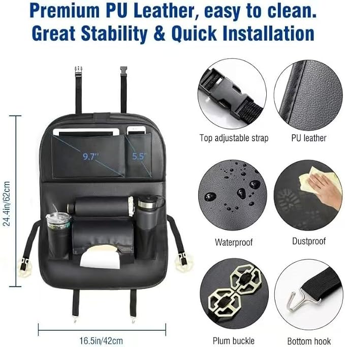 Premium PU Leather Backseat Seat Organizer with Foldable Table, Multi-Storage Pockets and Adjustable Buckle Strap for Automobiles