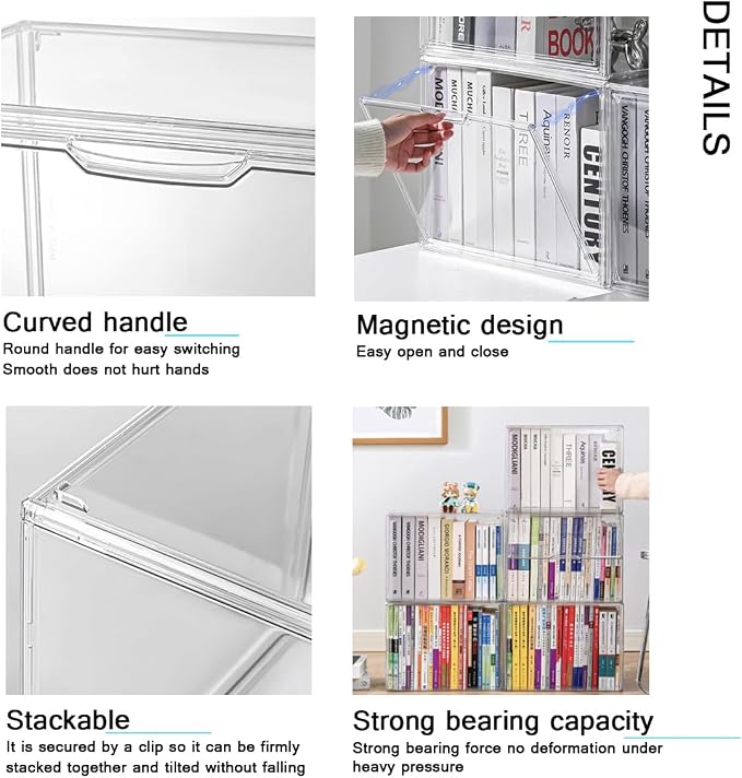 Clear Acrylic Bookcase, Book Organizer Box, Portable Book Containers with Magnetic Door, Stackable Display Case for Purses Handbags Dolls Toys Shoes(Clear, 14.17" ×10.63"×8.66")