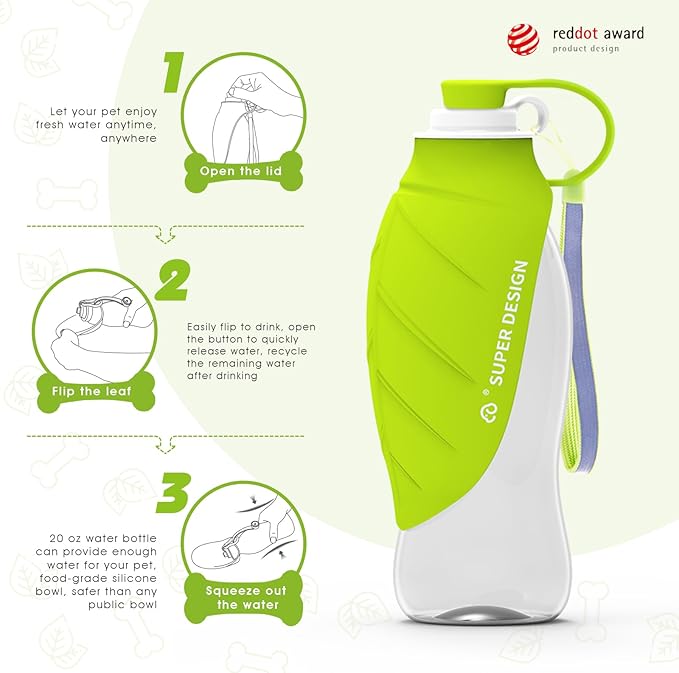 SUPERDESIGN Dog Water Bottle, Portable Dog Water Bottle for Small to Large Dogs, Leak Proof Dog Travel Water Bottle, Large Leaf Travel Water Bowl for Dogs and Dog Walking Accessories (19.6OZ, Green)