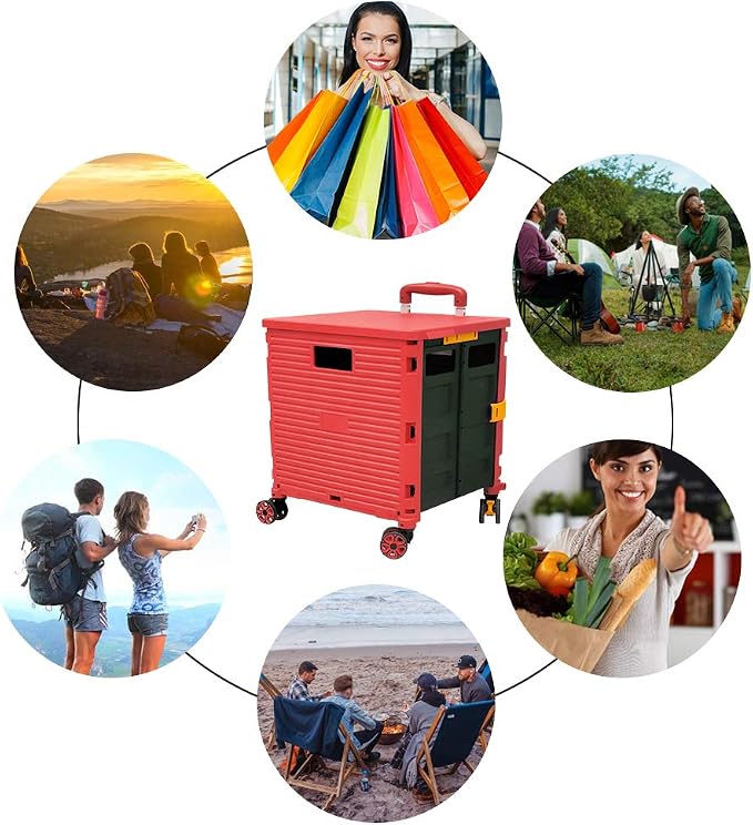 FELICON SELORSS Foldable Utility Cart Folding Portable Rolling Crate-Red | Durable,Heavy Duty,Plastic Box,Telescoping Handle,4 Rotate Wheels,Collapsible Handcart for Travel Shop Move Luggage Office