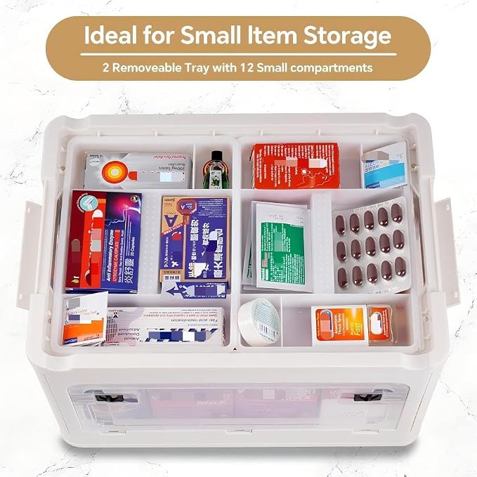 HEY FOLY 30qt Medicine Organizer Storage Box with 4-Side Opening Doors, White Foldable Medication Organizer Empty, Container Case Stackable First Aid Box for Home Storage