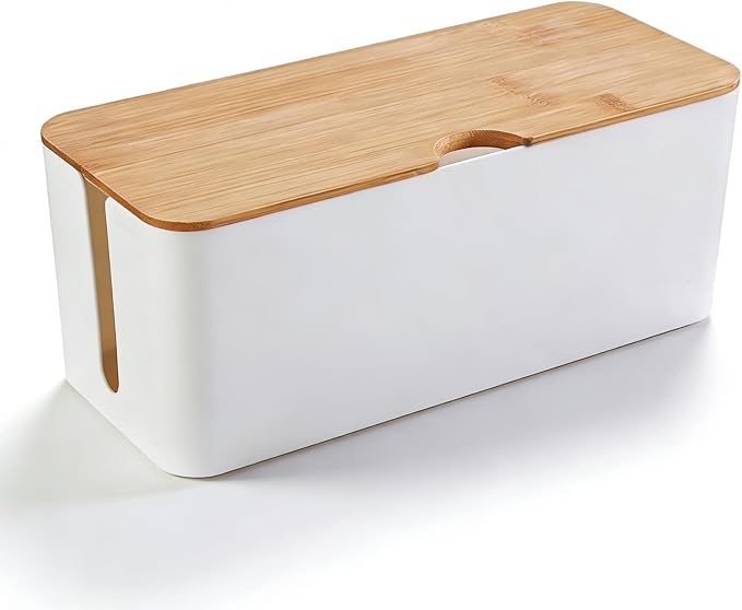Cable Management Box Wire Organizer for Power Strip Hiding | Bamboo Lid,Large Dual-side Opening Design,Kid & Pet Friendly,for Office,Desks, TV Areas,Floor Corners,White