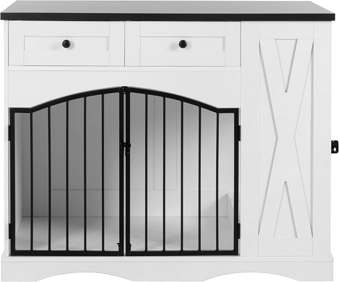 43.3" Farmhouse Dog Crate, Furniture Style Dog Cage with 3 Drawers, Removable Feeder and 2 Bowls, Wooden Heavy Duty Dogs Crates End Table for Medium Large Dogs, White+Black