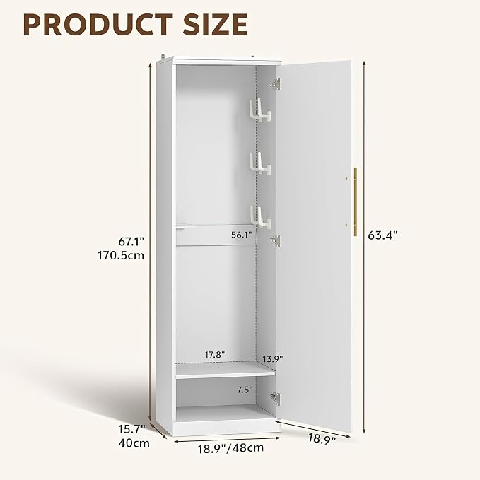 Broom Closet Storage Cabinet, 65" H Slim Utility Closet White | with Door and Shelf, Tall Vacuum Storage Cabinet with Hooks for Cleaning Tool, Broom Closet Organizer for Bathroom, Garage