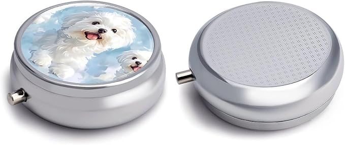 Cute White Dog Metal Pill Organizer with Mirror, 3-Compartment Travel Pill Box, 2-Inch Round Pocket Medicine Case with Secure Latch, Portable Vitamin Holder for Women & Men
