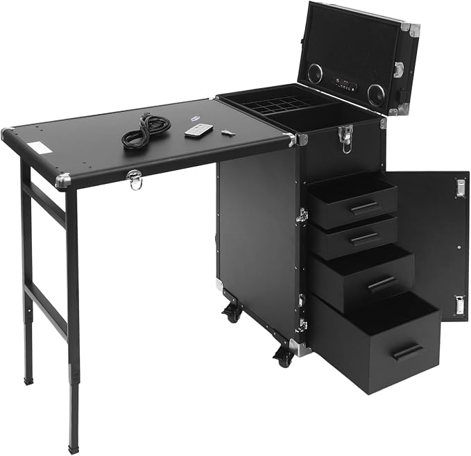 Makeup Case, Rolling Manicure Table Foldable Nail Desk Travel Cosmetic Trolley Multifunctional Cosmetic Tool Box Rolling Makeup Cases w/4 Removable Drawers for Hair Pet Groomer Stylist