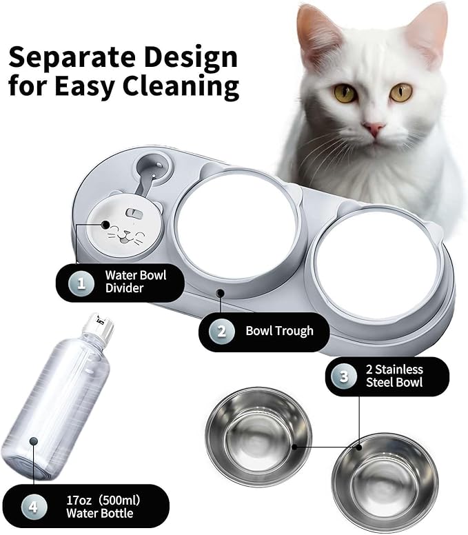 Marchul 3 in 1 Cat Bowl, Cat Food and Water Bowl Set with Water Dispenser and Stainless Steel Bowls, 15° Tilted Pet Raised Three Bowls for Indoor Cats, Small or Medium Sized Dogs