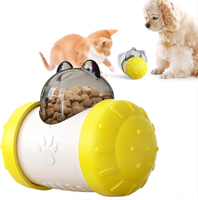 KAYNO Pet, cat and Dog Treat Dispenser Toys, pet Puzzle Food Funnel Toys, Food Grade Material, Non-Tipping, Clear Food Storage bin and Wheel Sliding Design. (Yellow)