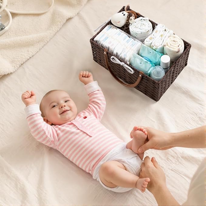 HBlife Large Diaper Caddy Organizer, Washable Waterproof, Portable Plastic Wicker Woven Basket with Divider, Nursery Diaper Station, Baby Shower Gifts Basket & Car Organizer