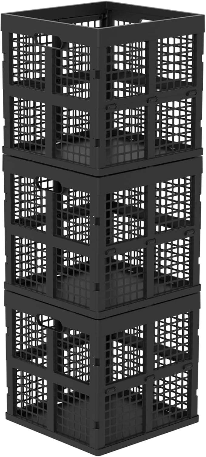 13 Inch Collapsible Milk Crate, Folding Storage Crates, 3 Packs | Stackable Black Foldable Crates Cube, 36 L