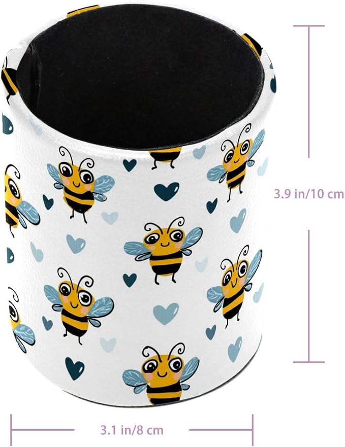 Faux Leather Pen Holder for Desk, Pencil Organizer Cute Bees Pen Cup Desk Decor Makeup Brush Holder Storage for Office Home