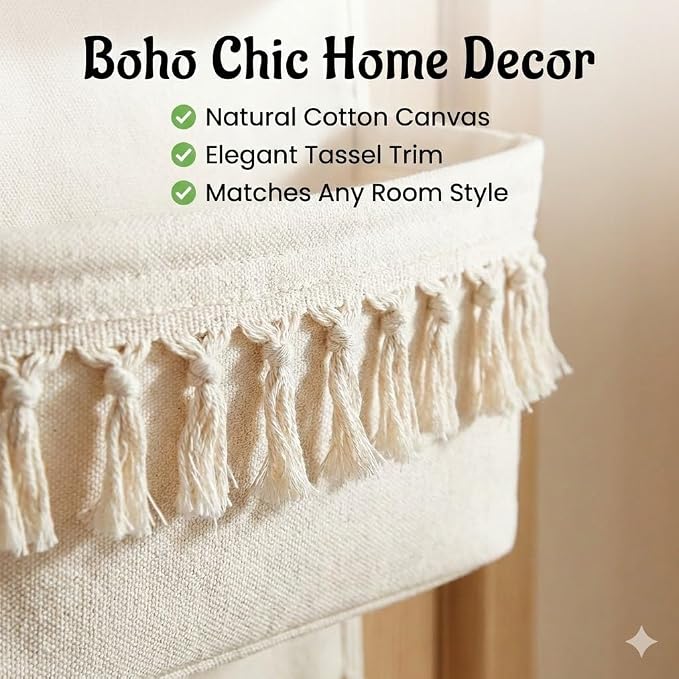 Over The Door Organizer, Pet Supplies Hanging Storage Rack, Beige | Boho Canvas 5-Tier Pocket With Tassels. Features PE Front, Wipeable Bottom & 44lbs Capacity. Ideal For Bathroom & Nursery.