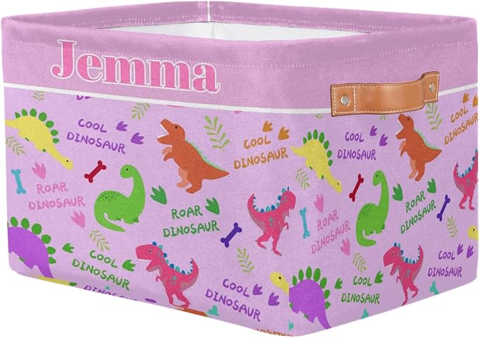 Personalized Dino Storage Basket with Name, Rectangle Toys Storage Bin with Handles for Baby Girls, Collapsible Basket for Clothes, Books, Colorful Dinosaurs with Bone Light Purple Background
