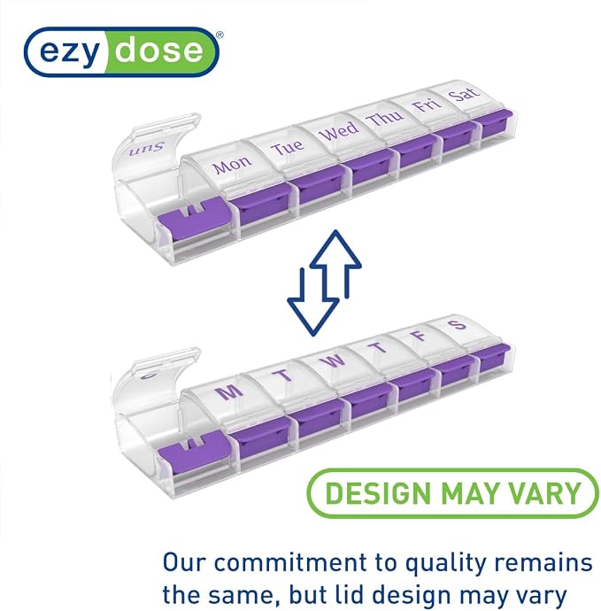 Ezy Dose Weekly (7-Day) Pill Organizer, X-Large Medicine Case, Purple/Clear | Daily Vitamin & Supplement Planner, Spacious Push-Button Compartments, Convenient & Easy to Use, Travel-Friendly, BPA-Free