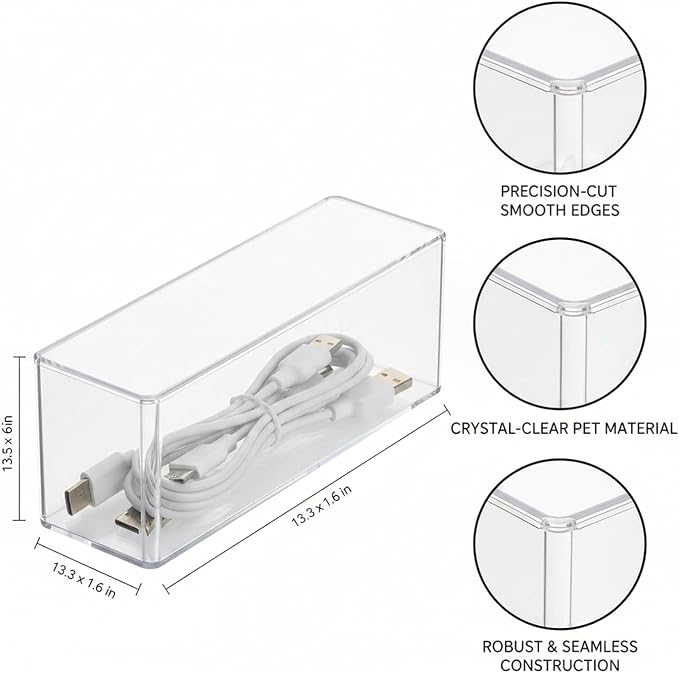 Stackable PET Storage Box, Rigid Clear Organizer for Cables & Small Items, Durable Transparent Container, 13 x 3.3 x 1.6 Inches