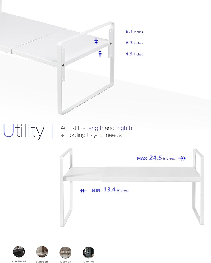 Nxconsu Cabinet Shelf Riser, Adjustable Cabinet Organizer, 12" Deep White | Heavy-Duty Metal Expandable Shelf Holds 50 lb with 3 Height Levels for Kitchen Cabinet Cupboard Pantry Dish Mug