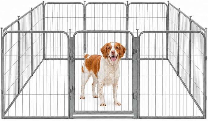 Dog Play Pen for Indoor Use - 32'', 12 Panels for Small and Medium Size Dogs - Portable Grey Playpen Kennel for House or Garage - Metal Heavy Duty Pet Fence with Anti-Slip Feet