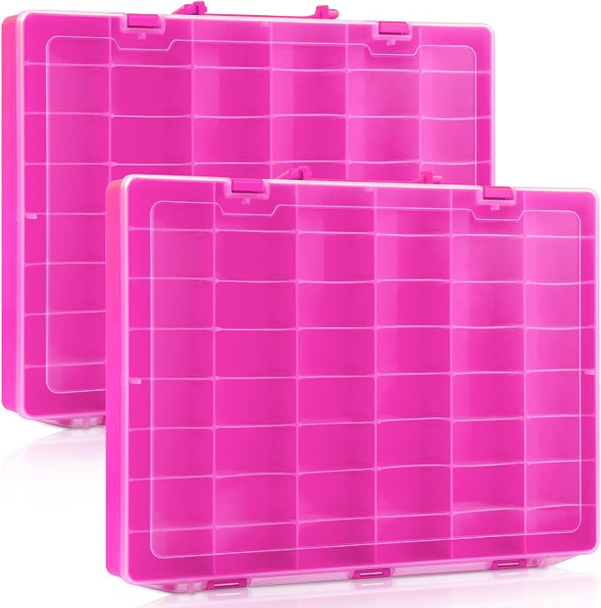 Juexica 2 Pcs 48 Grids Plastic Bead Organizer Box with Divider, Pink