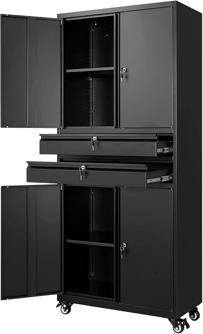 Metal Garage Storage Cabinet with Locking Doors and Adjustable Shelves, 74" Rolling Tool Storage Cabinet with 4 Wheels and 2 Drawer for Garage,Warehouse
