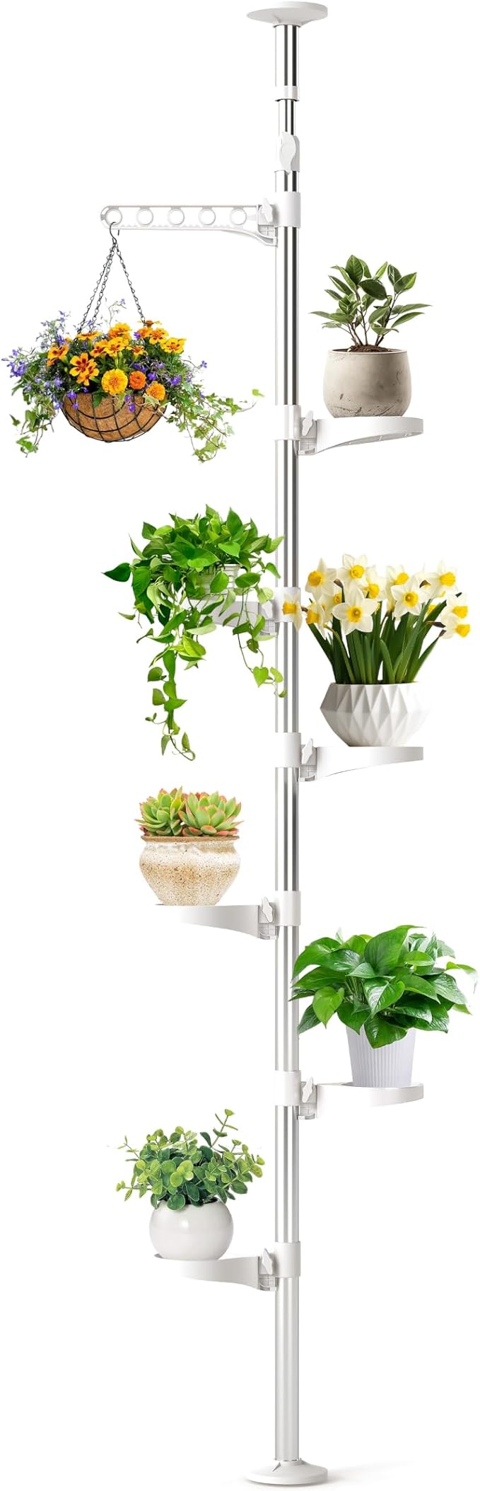 BAOYOUNI Plant Stand 7-Tier Tension Pole Metal Flower Rack Corner Ivory | Spring Loaded Pole,No Drilling Required ，Adjustable Height ,Space-Saving Corner Design， Holds Multiple Flower Pots