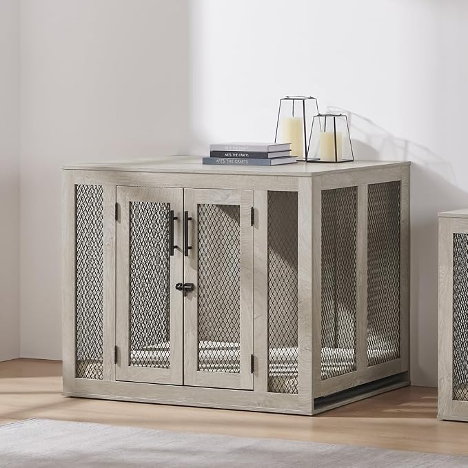 unipaws 38.5 Inch Large Dog Crate Furniture, Wooden Kennel for Large Breed | Indoor Decorative Wood Dog Cage, Inside Side End Table Crate with Tray and Dog Bed, Dog Enclosure