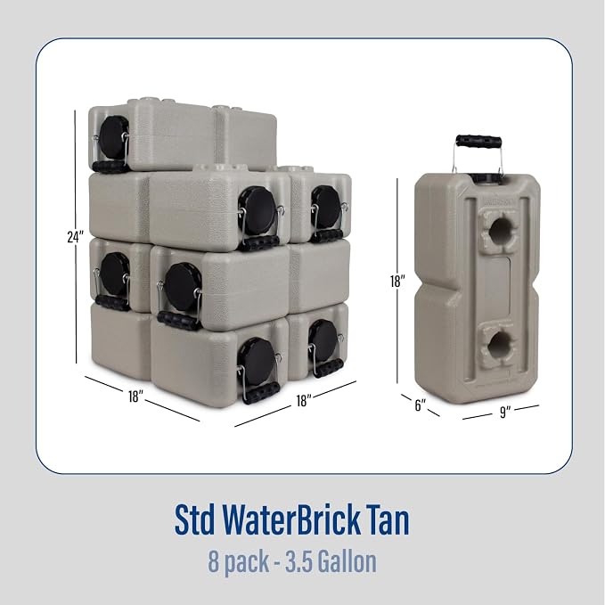 WaterBrick International Water Storage Containers for Emergency Water Storage | 8-Pack of Stackable 3.5 Gallon Water Container Bricks | Food-Grade HDPE Plastic | BPA-Free | STD Tan