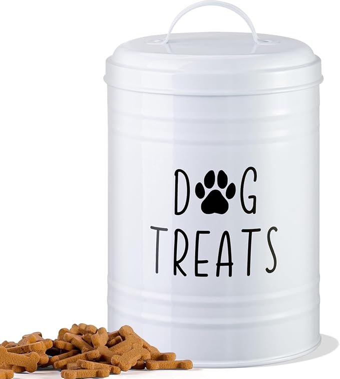Dog Treat Container Airtight, 9.1''Hx5.5''W, 10 Cup Capacity (White) | Airtight Lid Keep Food Fresh,Large Capacity Dog Treat Jar Suitable All Popular Treats,Dent-Resistant Durable Metal Cookie Jar
