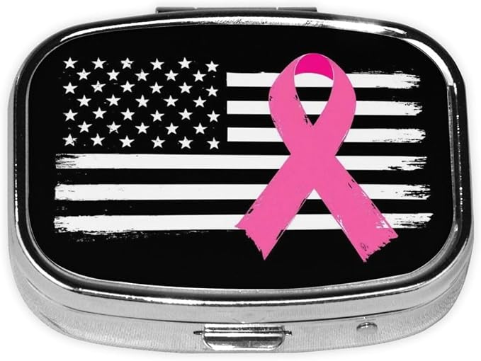 Breast Cancer Awareness Pink Ribbon American Flag Pill Box 2 Compartment Medicine Pill Case Portable Pill Box for Pocket or Purse Pill Box