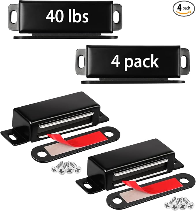 Strong Cabinet Magnets for Closure 40 lbs 4 Pack - Hold Warped Doors Tight | Magnetic Door Catches/Latches Black for Cupboard Closet Drawer Window - Strip-Proof Screws Install in 5 Mins