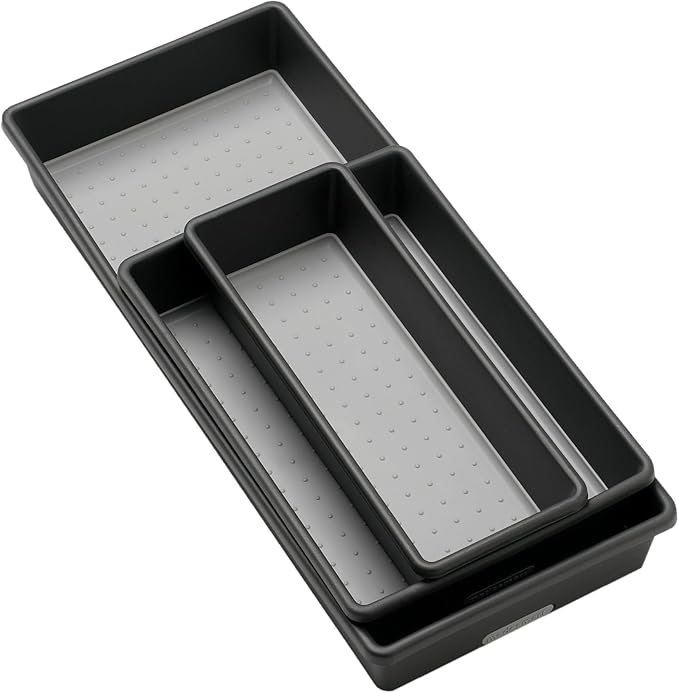 madesmart Classic 3 Bin Drawer Organizer Set, Granite | non slip feet, rounded corners, modular layout, mixed sizes, custom fit, office craft supplies, makeup tools, woman owned