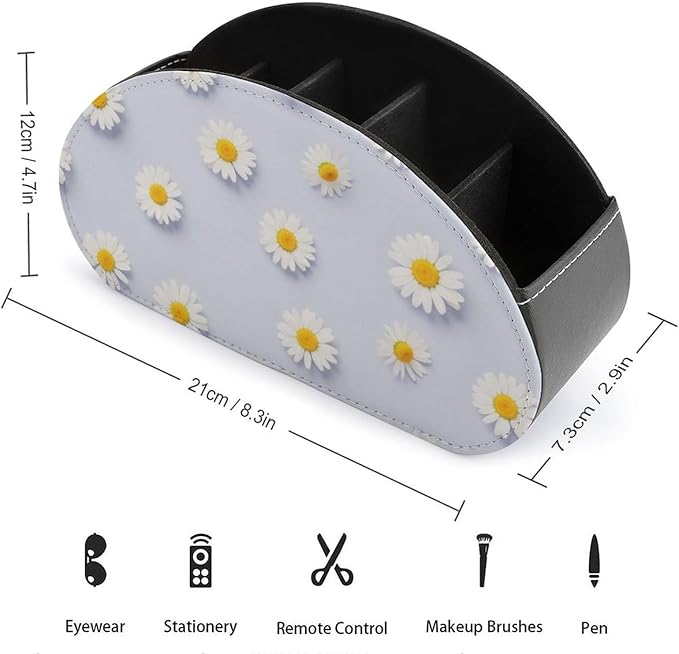 Pu Leather Remote Control Holder Box Daisy Flower Purple Desk Storage Caddy | with 5 Compartments, Daisy Flower Purple Office Supplies Table Decor for Media Player, Stationery, Makeup Brush