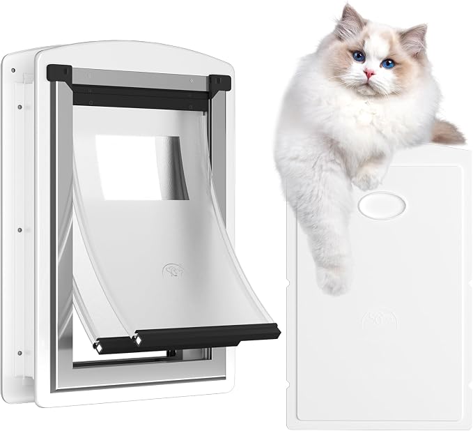 Cat Door for Exterior & Interior Doors with Steel Frame | Magnetic Double Flaps, Telescoping Tunnel, 2 Sliding Lock Panels, Weather-Resistant, Fits Cats Up to 15LBS, White