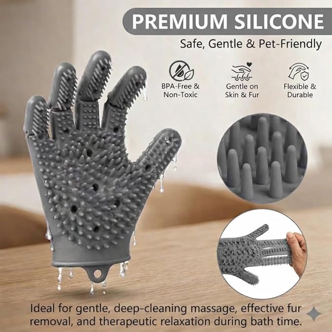 Dog Bathing & Grooming Gloves with Water-Drain Design – Silicone Pet Grooming Brush for Dogs & Cats, Massage Bristles, Reduces Water Buildup, Easy Rinse, Shedding Control (Grey)