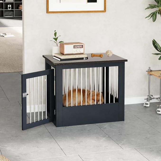 30" Wooden Dog Crate Furniture,Medium Kennel Pet Cage End Table for Indoor | for Small Medium Dogs, Grey and Black, Fits Living Room Bedroom, Heavy Duty Steel Frame with Lock 45 lbs Cap, 100 lbs Top.