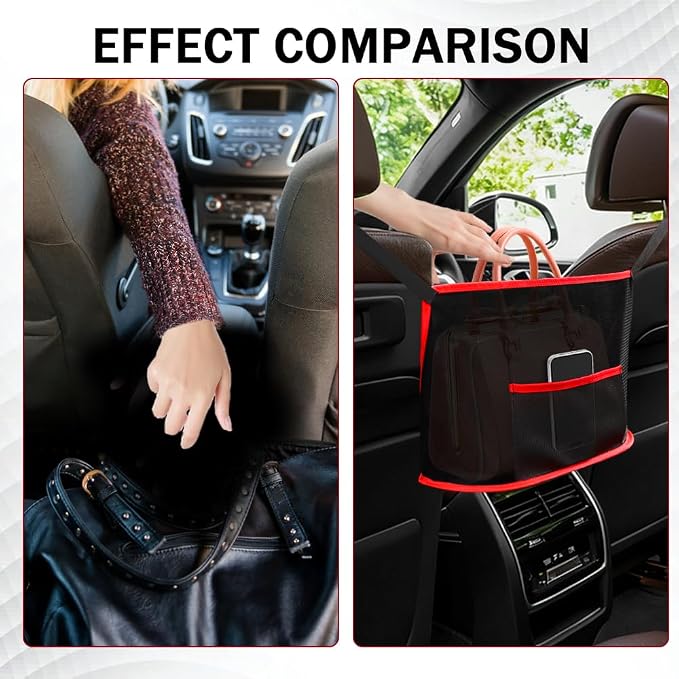 Car Net Pocket Handbag Holder, Organizer Storage Between Front Seats, Large Capacity Auto Seat Back Mesh Pocket Organizer, Car Handbag Holder Between Seats Universal for Most Vehicles (Red)