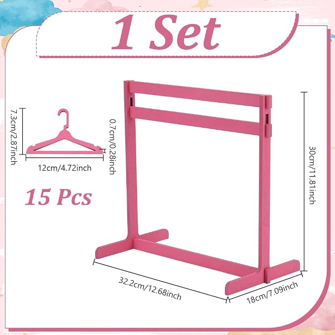 UNICRAFTALE 1 Set Mini Garment Rack With 15Pcs Mini Wooden Clothes Hanger | 30cm High Full Wood Construction Rose Pink For Doll Clothes Display Cat Puppy Small Clothes Storage Mini Dress Up Accessory