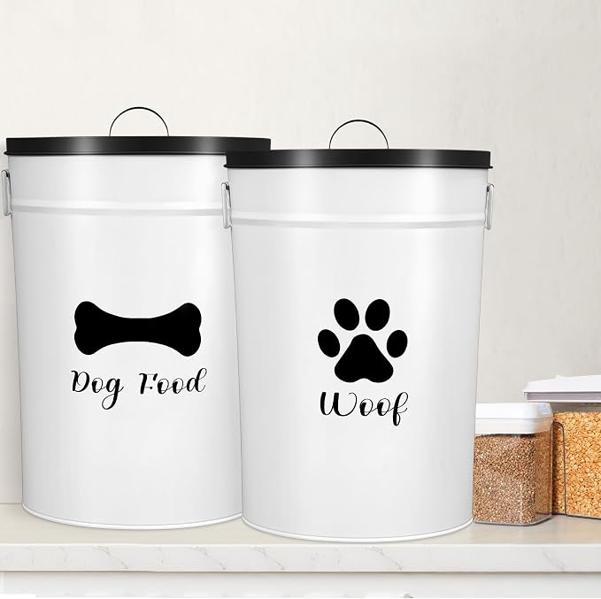 DoubleFill Extra Large 30 lb Metal Dog Food Storage Containers, White | Airtight Dog Treat Snack Jars with Lids and Spoon, Farmhouse Style Big Pet Cookie Storage Bin for Kitchen Counter, Set of 2
