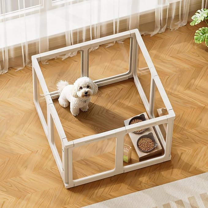 Jalove 24" Acrylic Clear Dog Playpen Indoor, Relieves Pet Anxiety | Ideal for Small Dogs,Plastic Pet Play Pen with Door, Playpen for Rabbit, Easy to Install, White 8 PCS