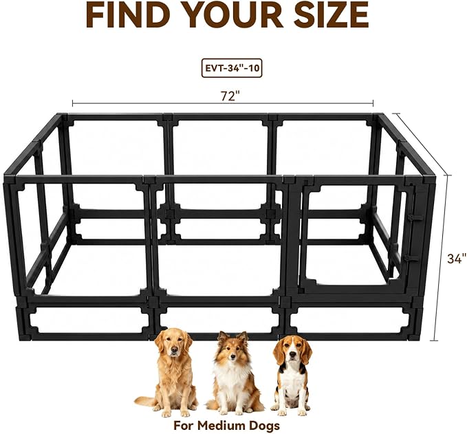 FlexiSpace Adjustable Clear Dog Play Pen, Expandable & Stackable Acrylic Dog Playpen, ONLY Dog Play Pen Indoors Grow with Your Pet Puppy Playpen (Black, 34", 10 Panels)